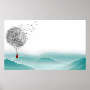 Poster imaginaire de pissenlit montgolfière paysage