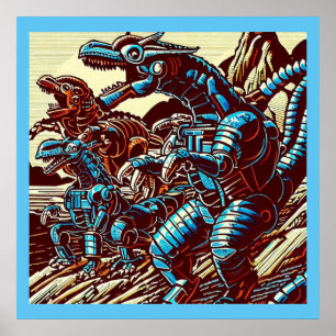 Poster Imaginaire Dinosaure Robots Anime - Woodcut 3