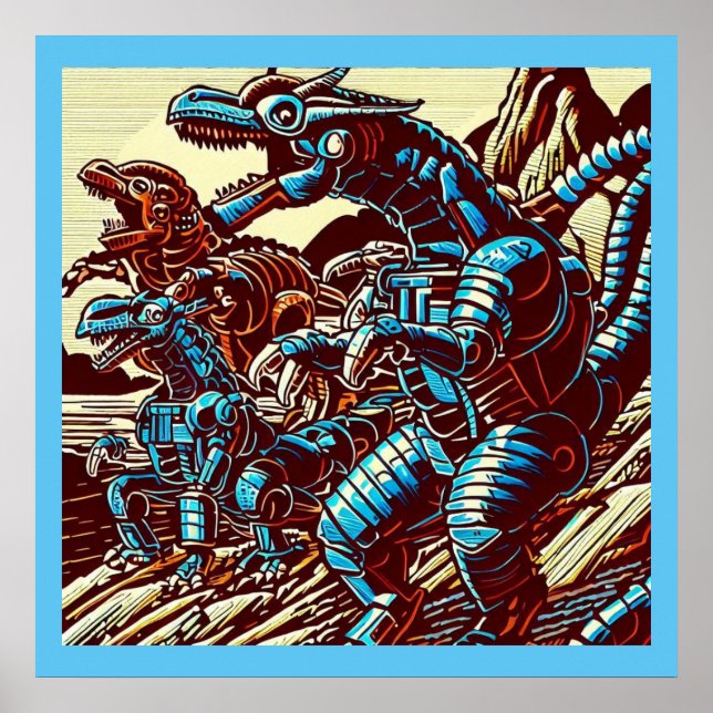 Poster Imaginaire Dinosaure Robots Anime - Woodcut 3 (Devant)