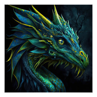 Poster Imaginaire dragon bleu vert avec yeux jaunes IA ar