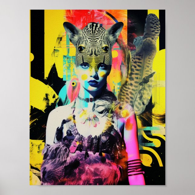 Poster Imaginaire Femme et Animaux Collage coloré (Devant)