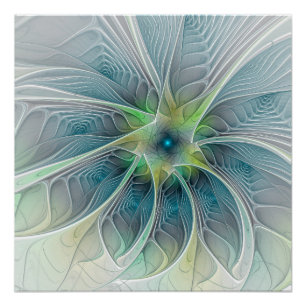 Poster Imaginaire fleuri Moderne Bleu Vert Fractal Fleur