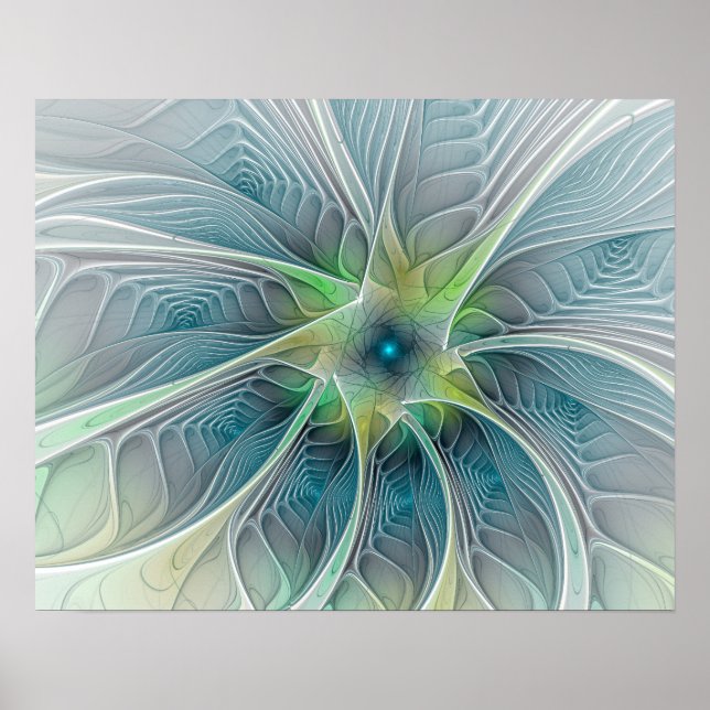Poster Imaginaire fleuri Moderne Bleu Vert Fractal Fleur (Devant)