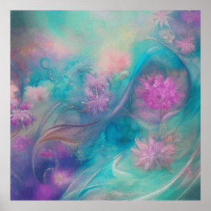 Poster Imaginaire Fleurs Abstraites En Rose Et En Vague A