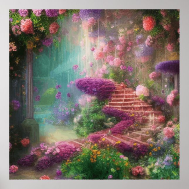 Poster Imaginaire Jardin Magique Avec Fleurs Et Escaliers (Devant)