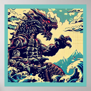 Poster Imaginaire Kaiju Anime - Woodcut 4