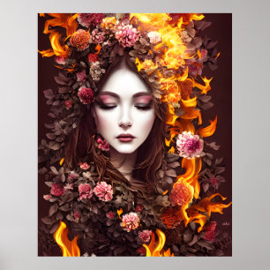 Poster Imaginaire magique beau visage fleurs feu