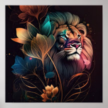 Imaginaire, magnifique lion avec fleurs art IA
