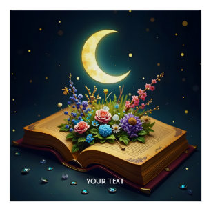Poster Imaginaire Mignonne Lune Livre Fleurs
