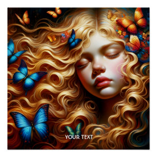 Poster Imaginaire Mignonne Papillons de la fille qui dort