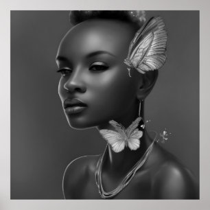 Poster Imaginaire papillon noir blanc femme africaine