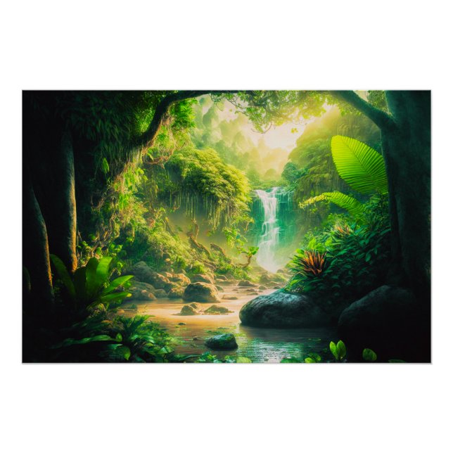 Poster Imaginaire Paradis tropical Paysage avec cascade (Devant)