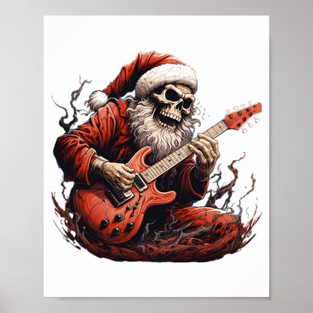 Poster Imaginaire Skull Skeleton Père Noël Jouer Guitare  (Devant)