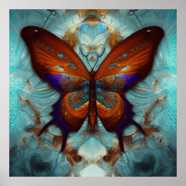 Poster Imaginaire Steampunk Orange Butterfly Aqua Aquarel (Devant)