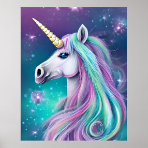 Poster Imaginaire Unicorne avec cheveux bleu et rose