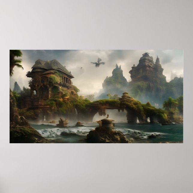Poster Imaginaire vacances d'été avec un pont en pierre (Devant)