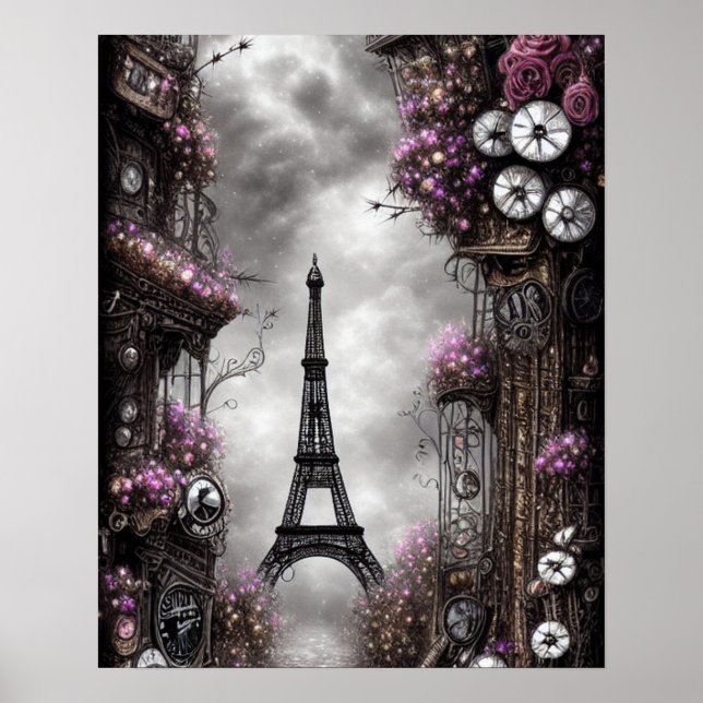 Poster Imaginaire Whimsical Steampunk Tour Eiffel Paris (Devant)