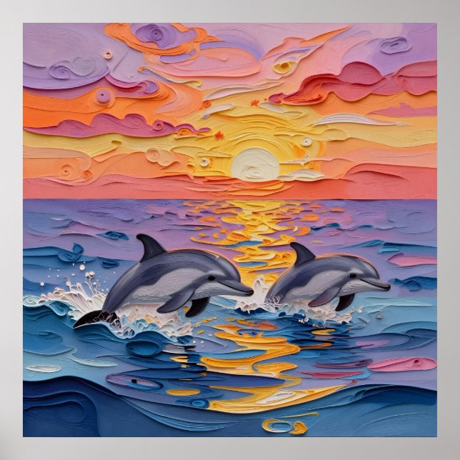 Poster Impasto Dolphins and Ocean Waves   (Devant)