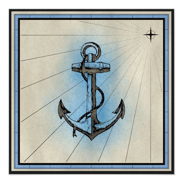 Poster Impression marine Ancre noire avec cadre bleu (Devant)
