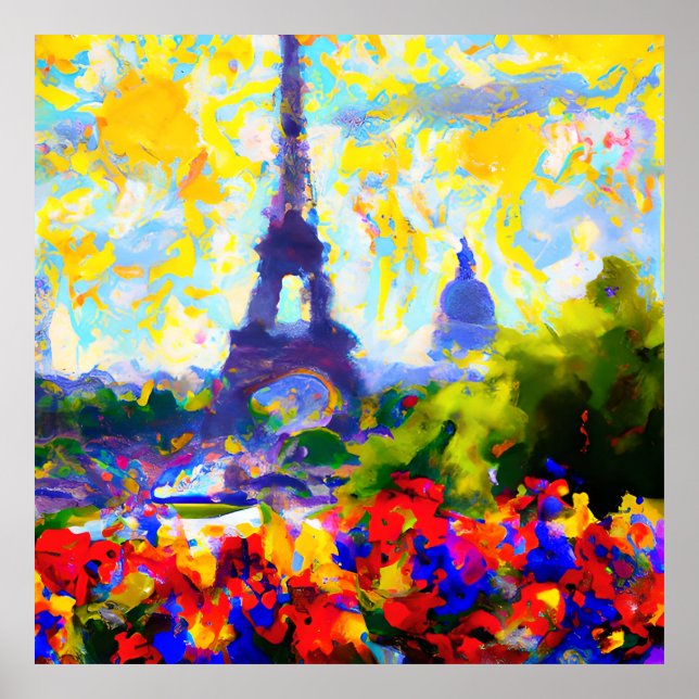 Poster Impressionniste Abstrait Paris fleurs Tour Eiffel (Devant)