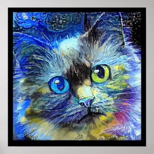 Poster Impressionniste Portrait de chat bleu jaune noir