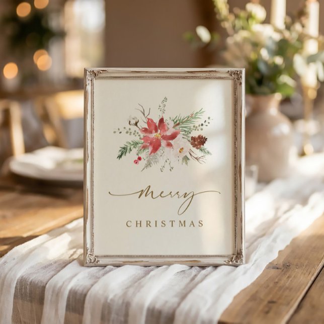 Poster Imprimable Mur de Noël Art élégant Boho vert (Elegant Merry Christmas sign 8x10 watercolor poinsettia and winter greenery)