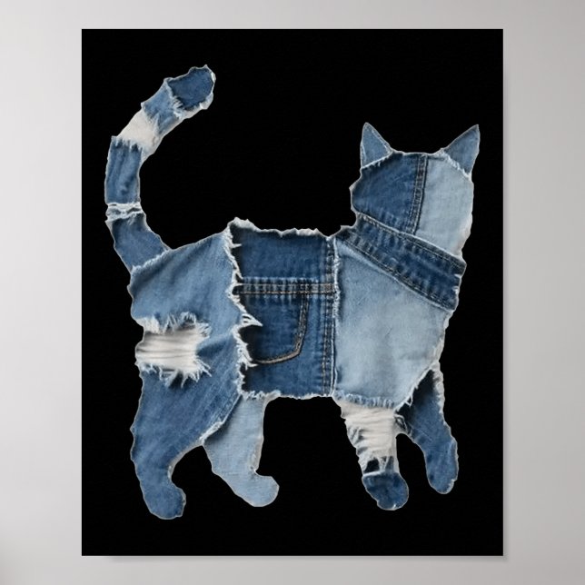 Poster Imprimé Animal de Chat Patch en Denim Drôle Rétro  (Devant)