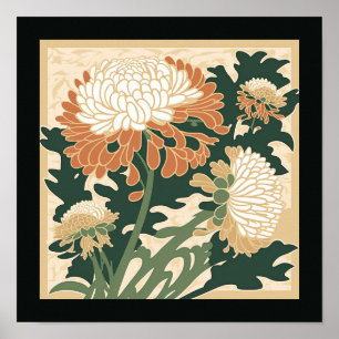 Poster imprimé chrysanthème japonais vert et orange