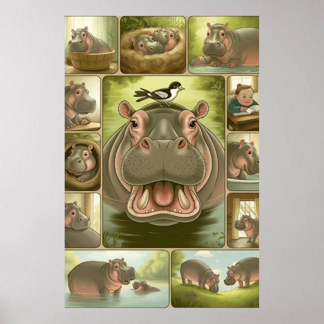 Poster Imprimé d'art de l'hippopotame joueur et de l'oise (Devant)