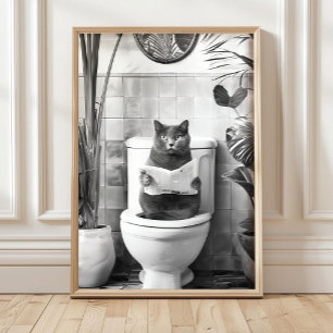 Poster Imprimé de chat de salle de bain noir et blanc, Af