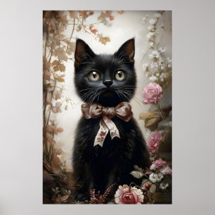 Poster Imprimé de chat noir amateur de fleurs, victorien 