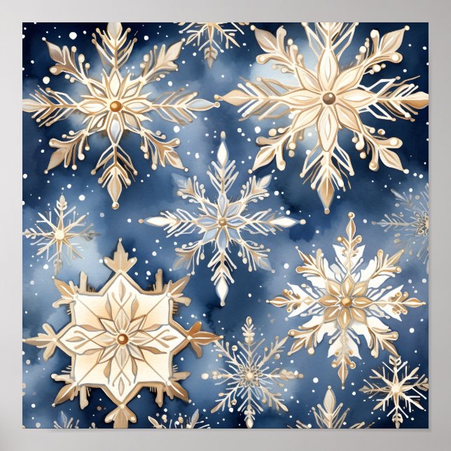 Poster imprimé de flocons de neige bleu et or (Devant)