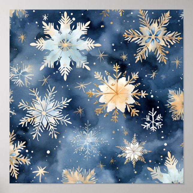 Poster imprimé de flocons de neige bleu et or (Devant)