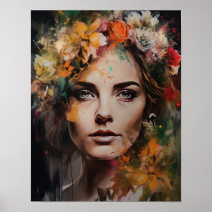 Poster imprimé d'une femme avec une tête de fleurs