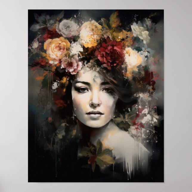 Poster imprimé d'une femme avec une tête de fleurs (Devant)