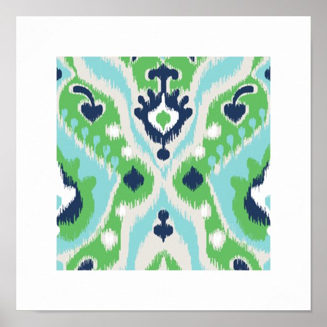 Poster imprimé tribal chic moderne bleu vert ikat motif (Devant)