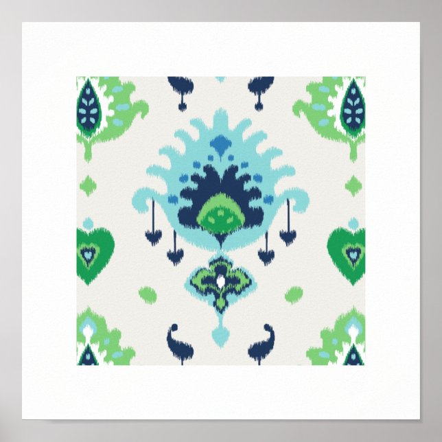 Poster imprimé tribal chic moderne bleu vert ikat motif (Devant)