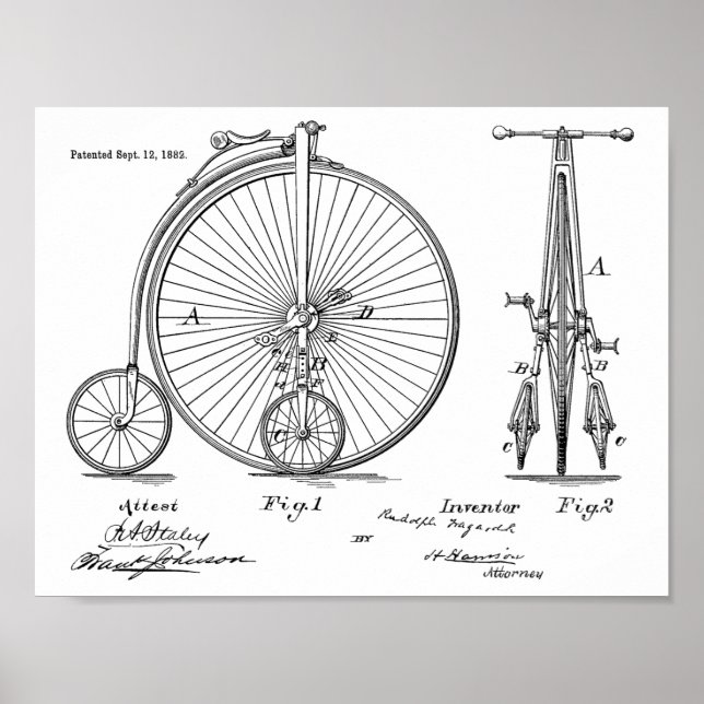 Poster Imprimer Brevet de vélo Vintage haute roue 1882 (Devant)