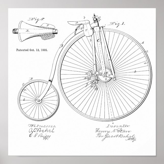 Poster Imprimer Brevet de vélo Vintage haute roue 1885 (Devant)