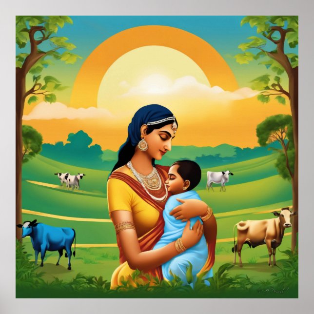 Poster Imprimer Krishna et Yashoda Indian Mythological Ar (Devant)