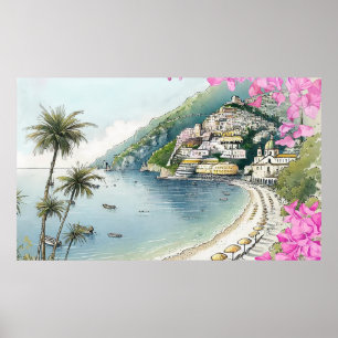 Poster Imprimer l'aquarelle de la côte d'Amalfi
