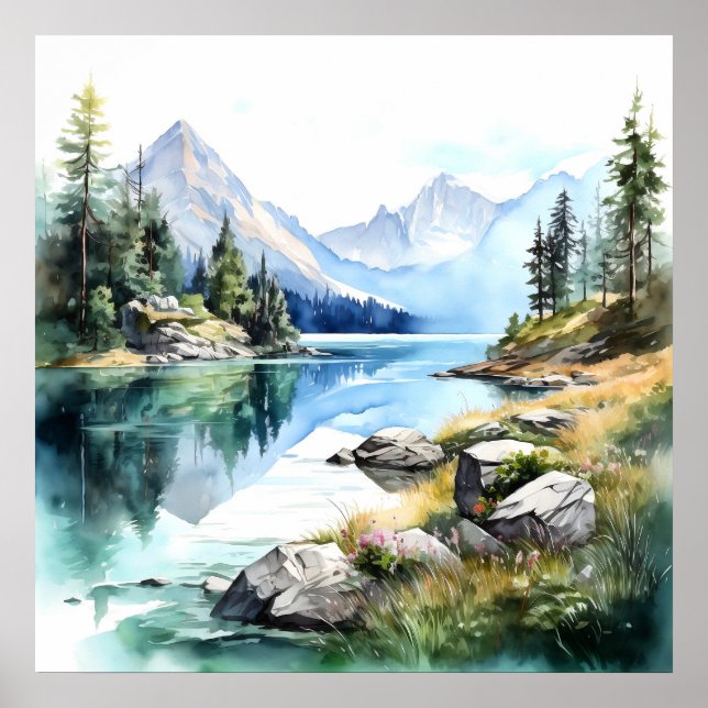 Poster Imprimer l'aquarelle Mountain Lake (Devant)