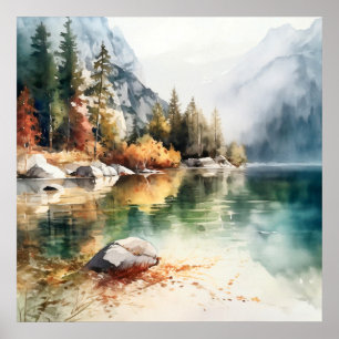 Poster Imprimer l'aquarelle Mountain Lake