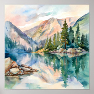 Poster Imprimer l'aquarelle Mountain Lake