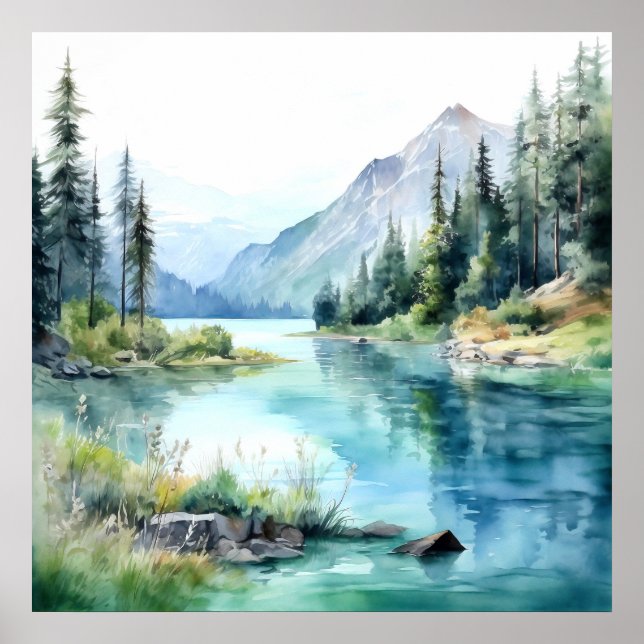 Poster Imprimer l'aquarelle Mountain Lake (Devant)