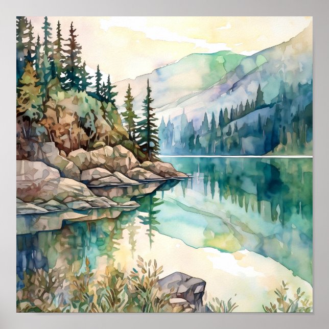 Poster Imprimer l'aquarelle Mountain Lake (Devant)