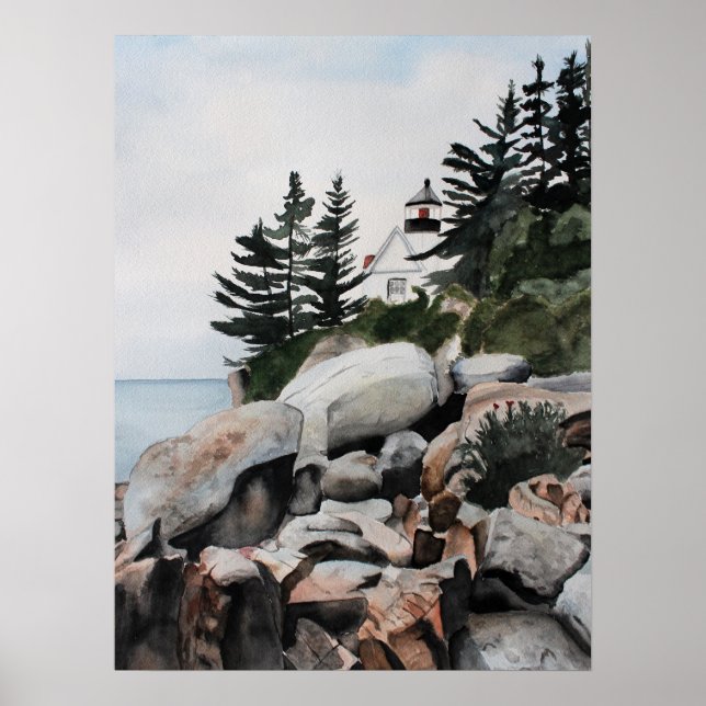 Poster Imprimer l'archive d'aquarelle du phare du Maine (Devant)