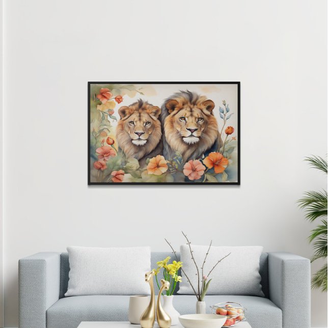 Poster Imprimer Lion majestueux et aquarelle florale (Créateur téléchargé)