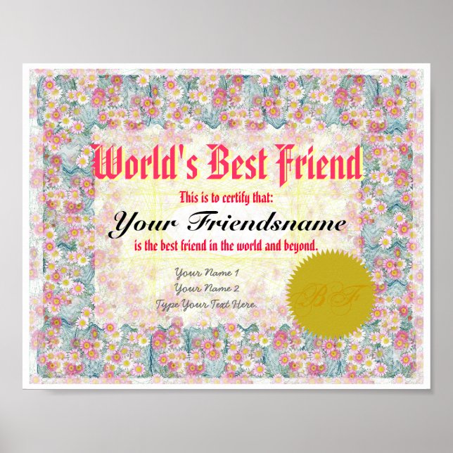 Poster Imprimer un certificat de meilleur ami du monde (Devant)