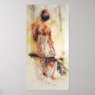 Poster Imprimer une fille sur une aquarelle à coudre